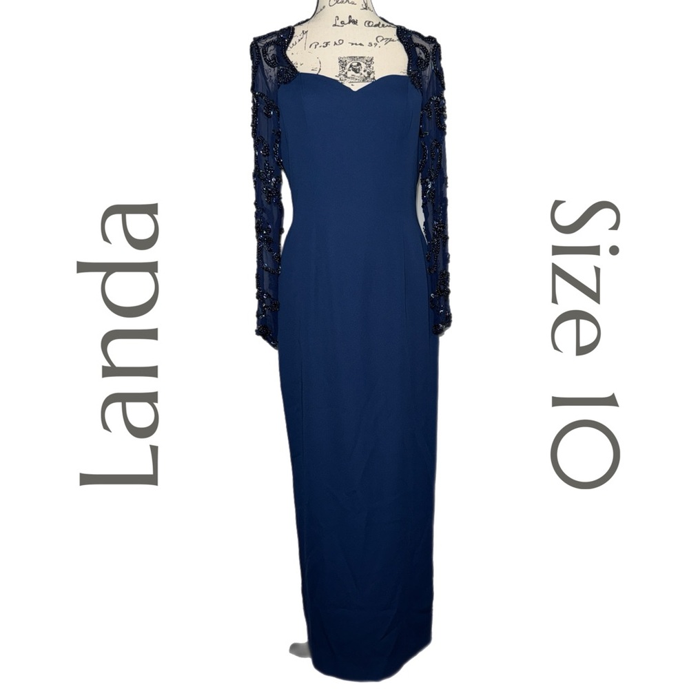 Landa Navy Formal Maxi Dress with Embellished, Detailed Beaded Sleeves